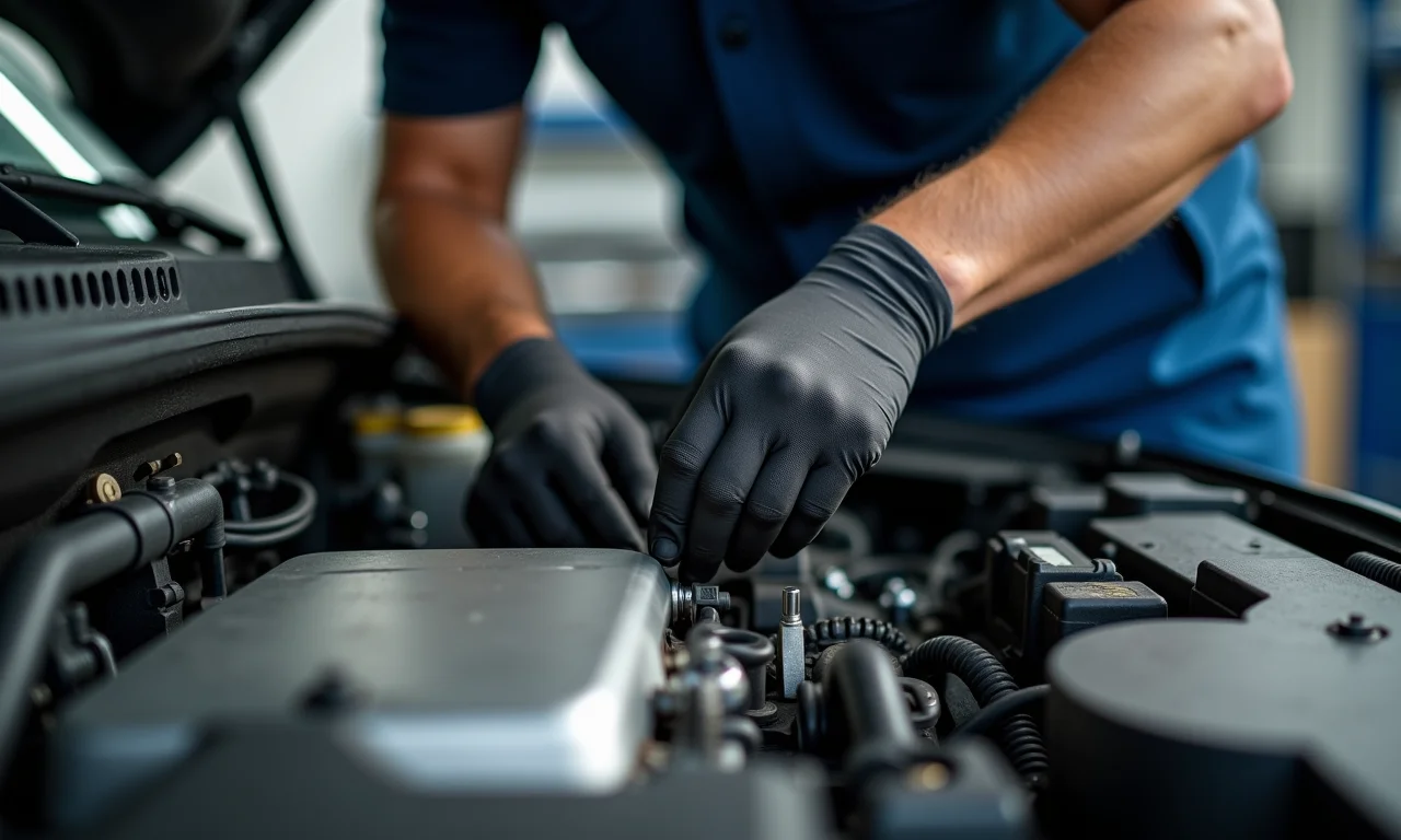 Mecânico trabalhando no motor e câmbio de um Jeep Renegade usado.