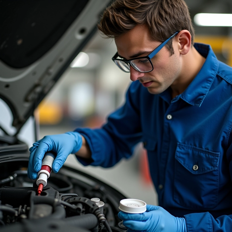 Mecânico usando equipamentos de proteção durante a limpeza do radiador.