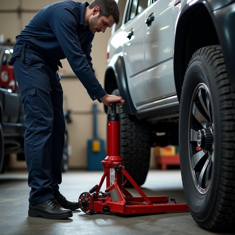 Mecânico usando macaco jacaré em 4x4 na garagem.