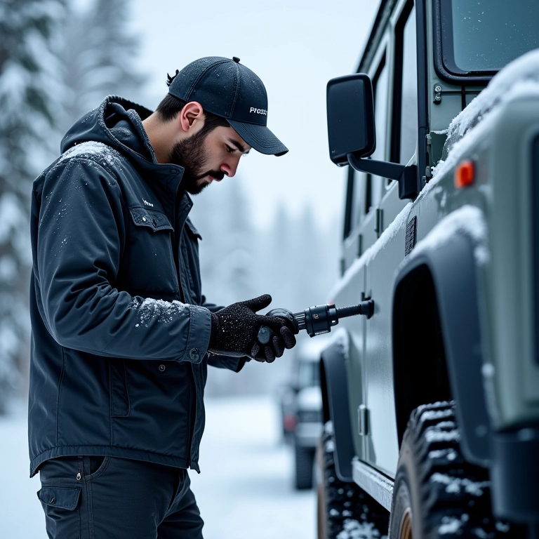 Mecânico verificando fluidos de 4x4 na neve.
