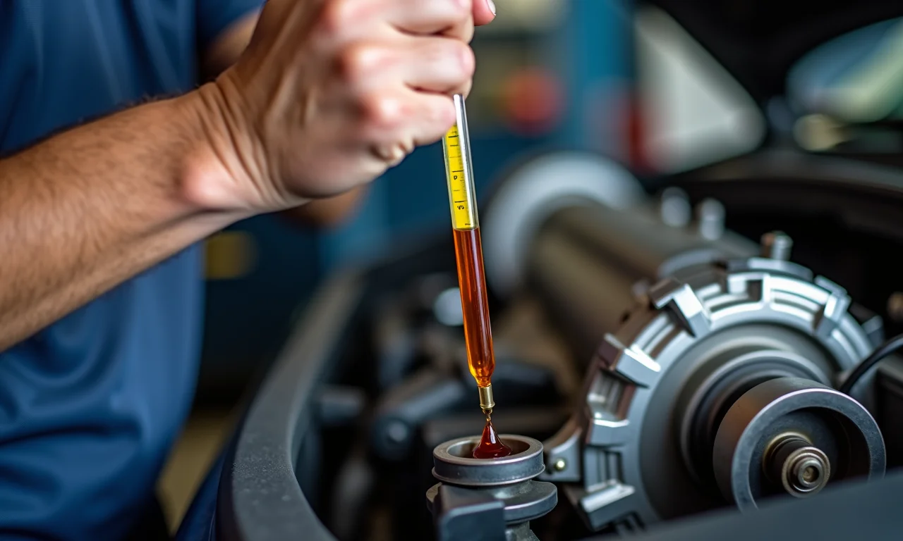 Mecânico verificando nível do fluido de transmissão.