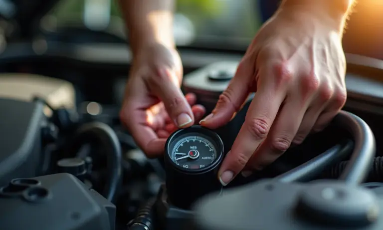 Mecânico verificando o nível de combustível do tanquinho de partida a frio.