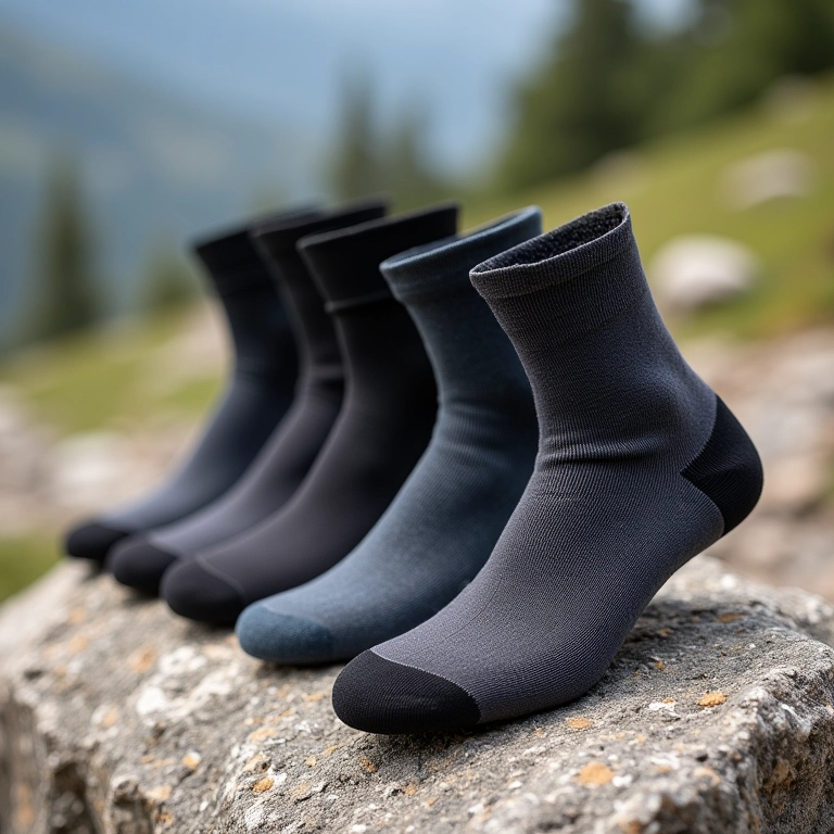 Meias de trekking com diferentes espessuras e amortecimento em uma trilha.