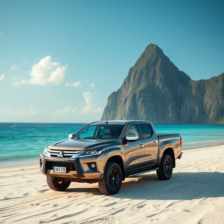 Mitsubishi L200 Triton estacionada em uma praia paradisíaca de Fernando de Noronha.