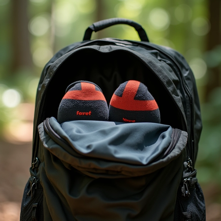 Mochila aberta revelando um par extra de meias de trekking e equipamentos de caminhada.