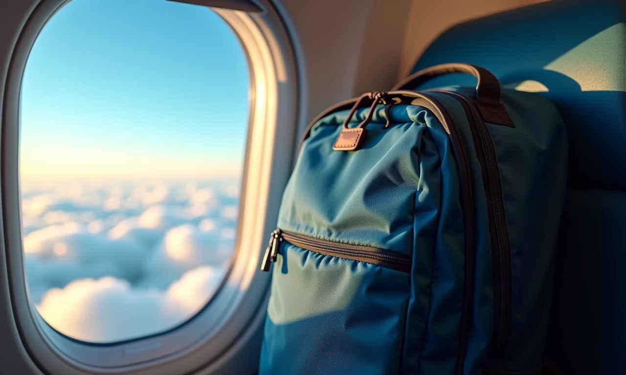 Mochila cargueira 45 litros no compartimento de bagagem de um avião.