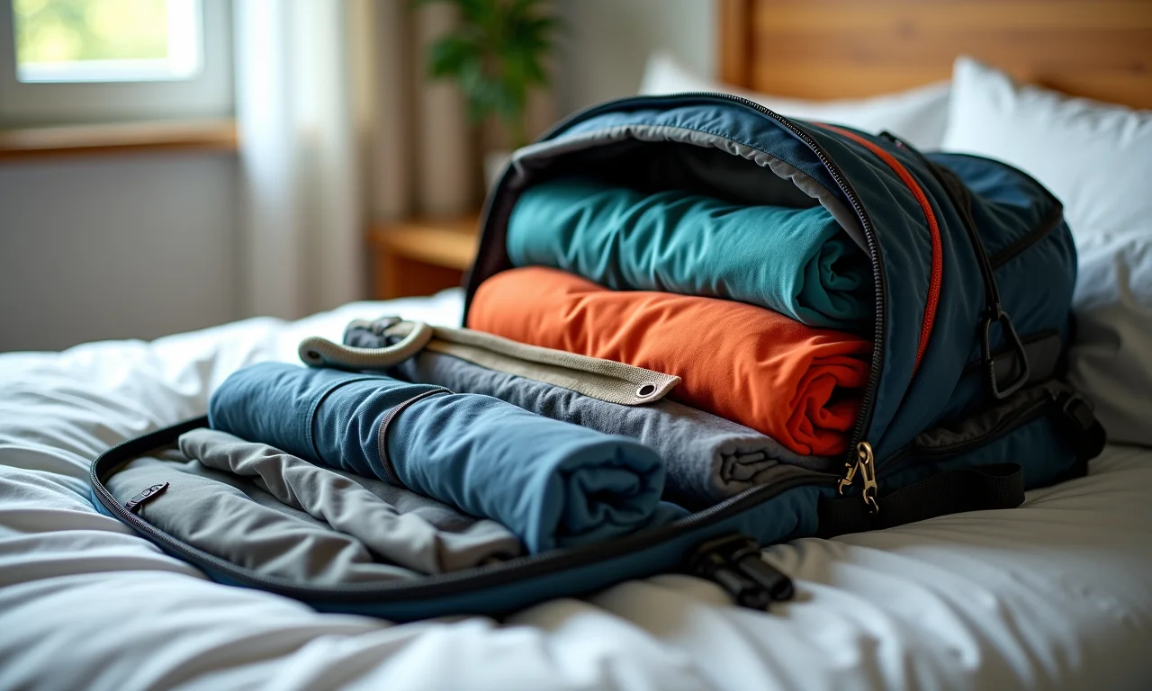 Mochila cargueira de 45 litros aberta com roupas e acessórios de viagem organizados.