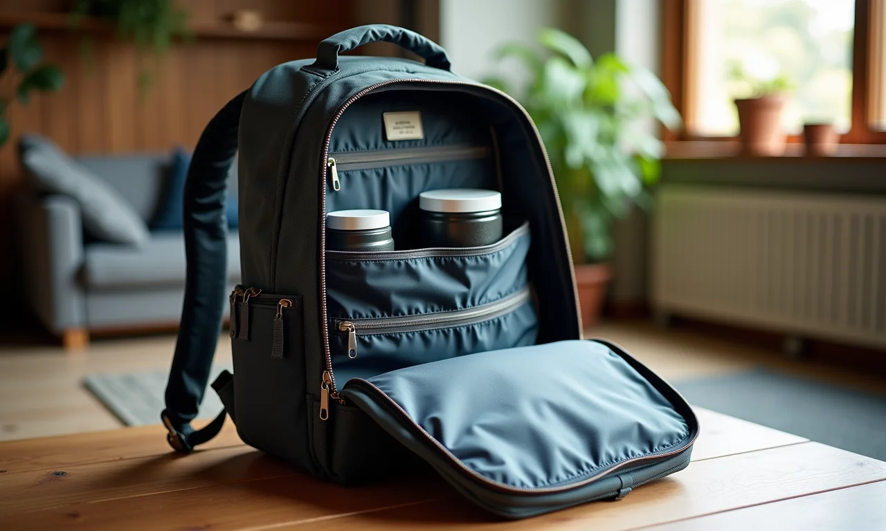 Mochila cargueira de 80 litros aberta, mostrando compartimentos e organização interna.