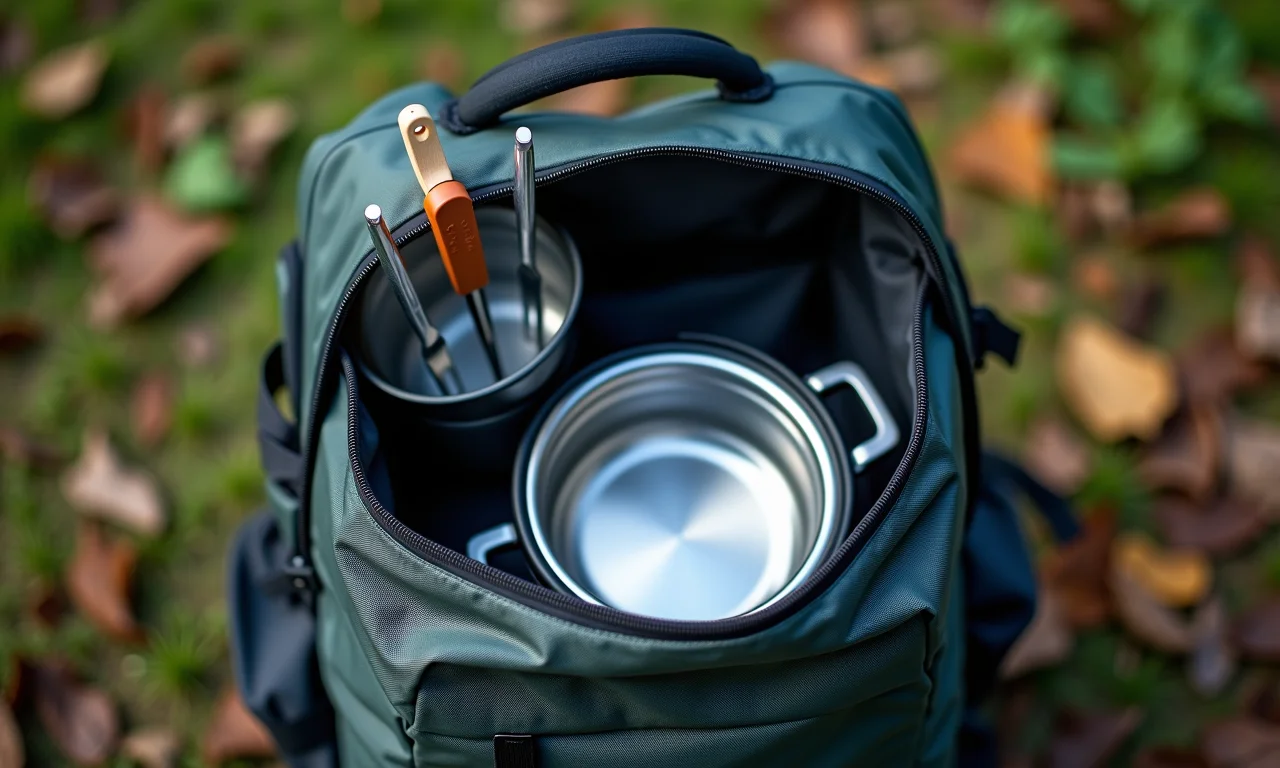 Mochila de camping com panela compacta e utensílios.
