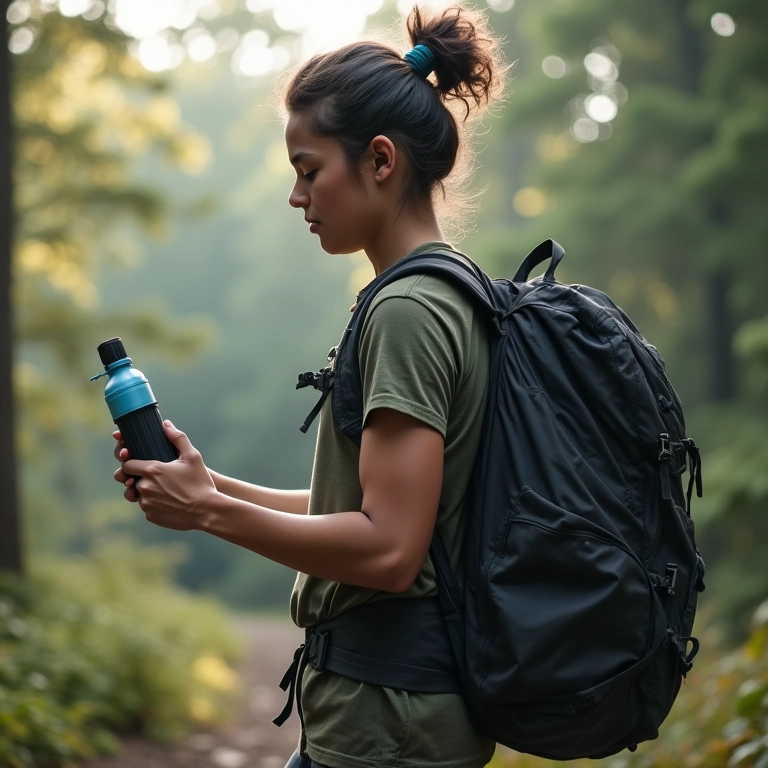 Mochileiro priorizando a leveza do purificador de água.