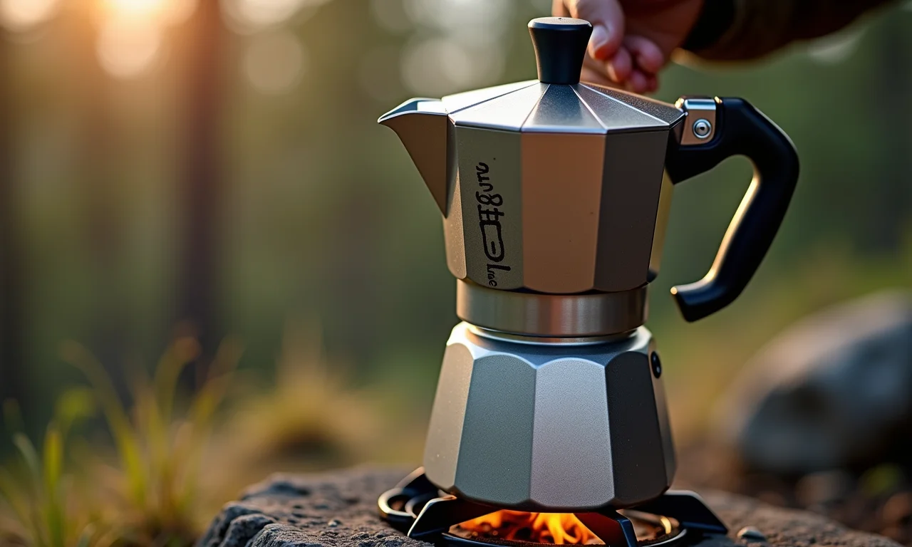 Moka Pot preparando café espresso forte sobre fogareiro de acampamento.