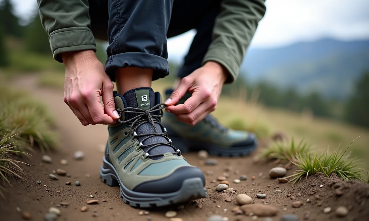 Montanhista ajustando bota Salomon para conforto e precisão.