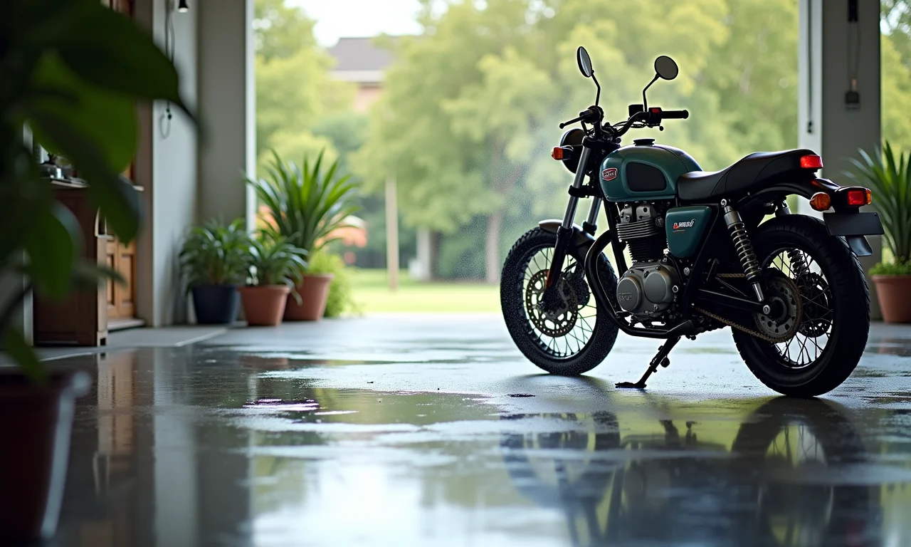 Moto estacionada em local adequado para lavagem.