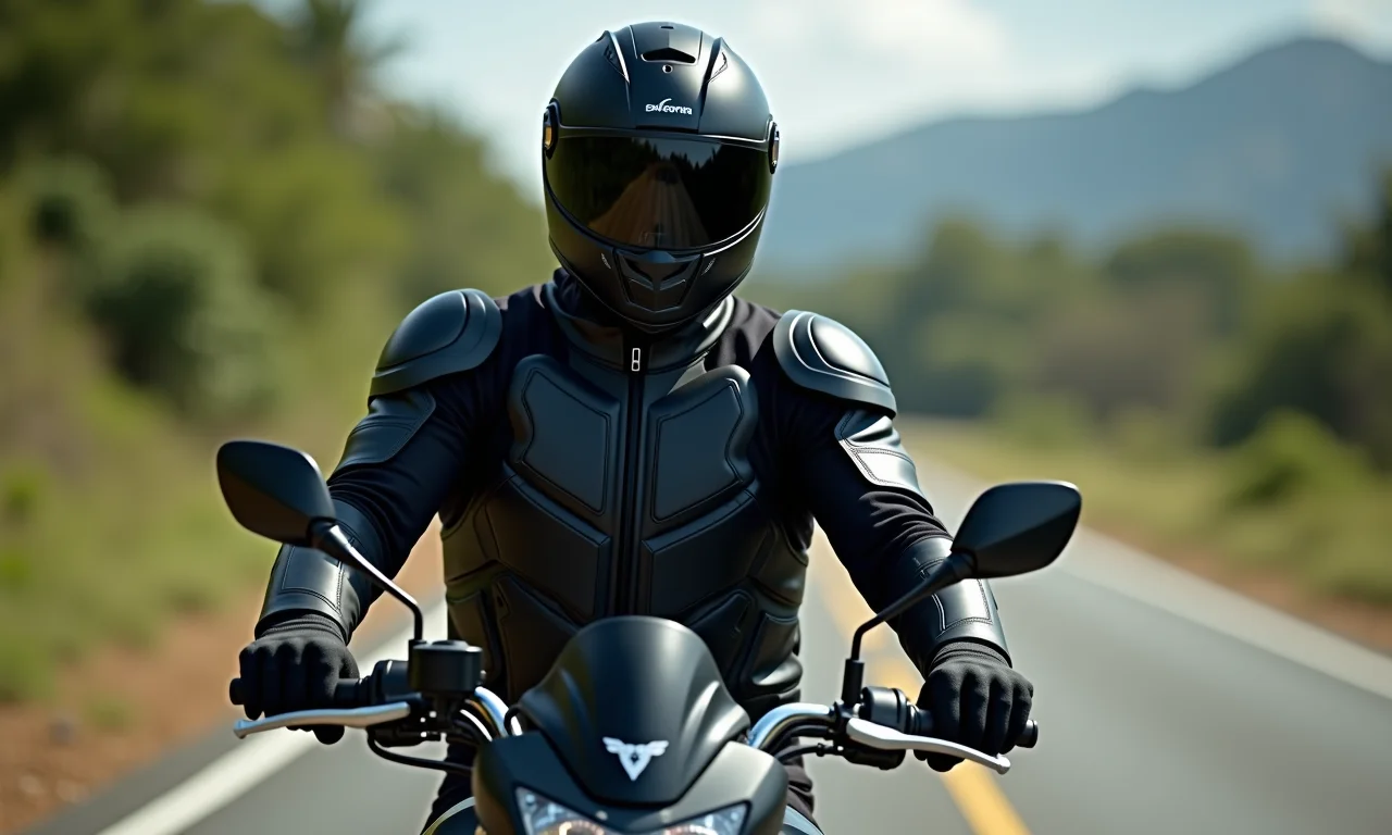Motociclista vestindo jaqueta com proteções reforçadas, demonstrando segurança.