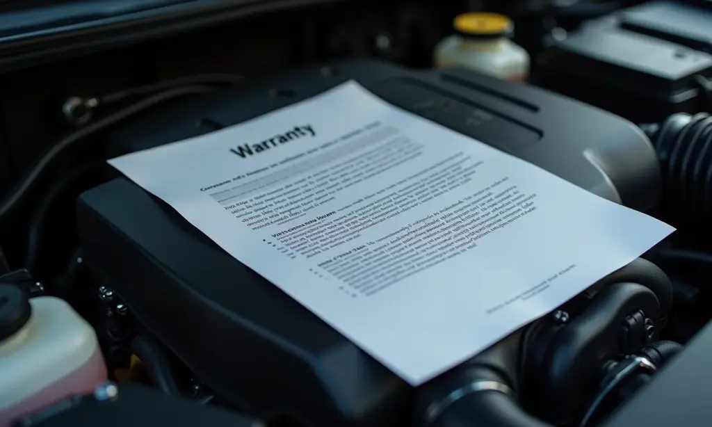 Motor de carro com documento de garantia, representando cobertura da garantia de fábrica.