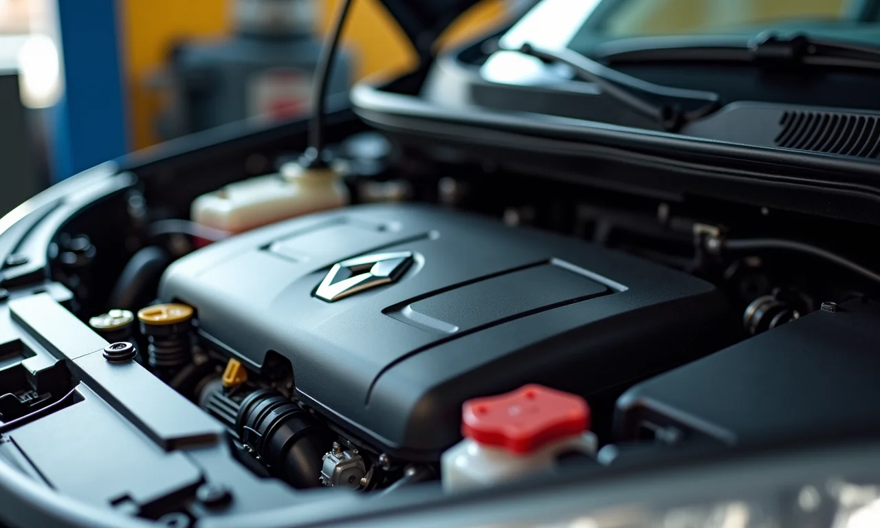 Motor do Renault Sandero em manutenção.