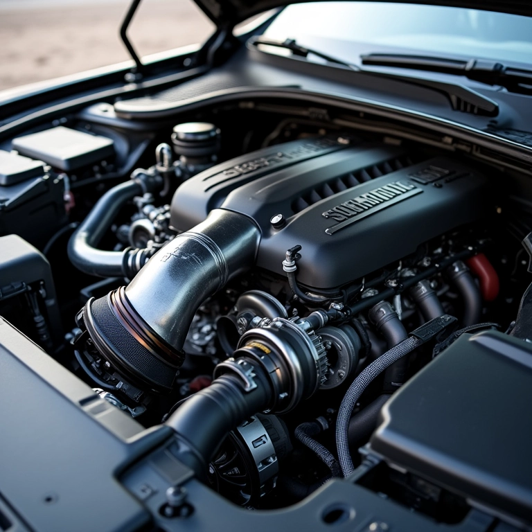 Motor moderno com turbo, destacando intercooler e tubulação.