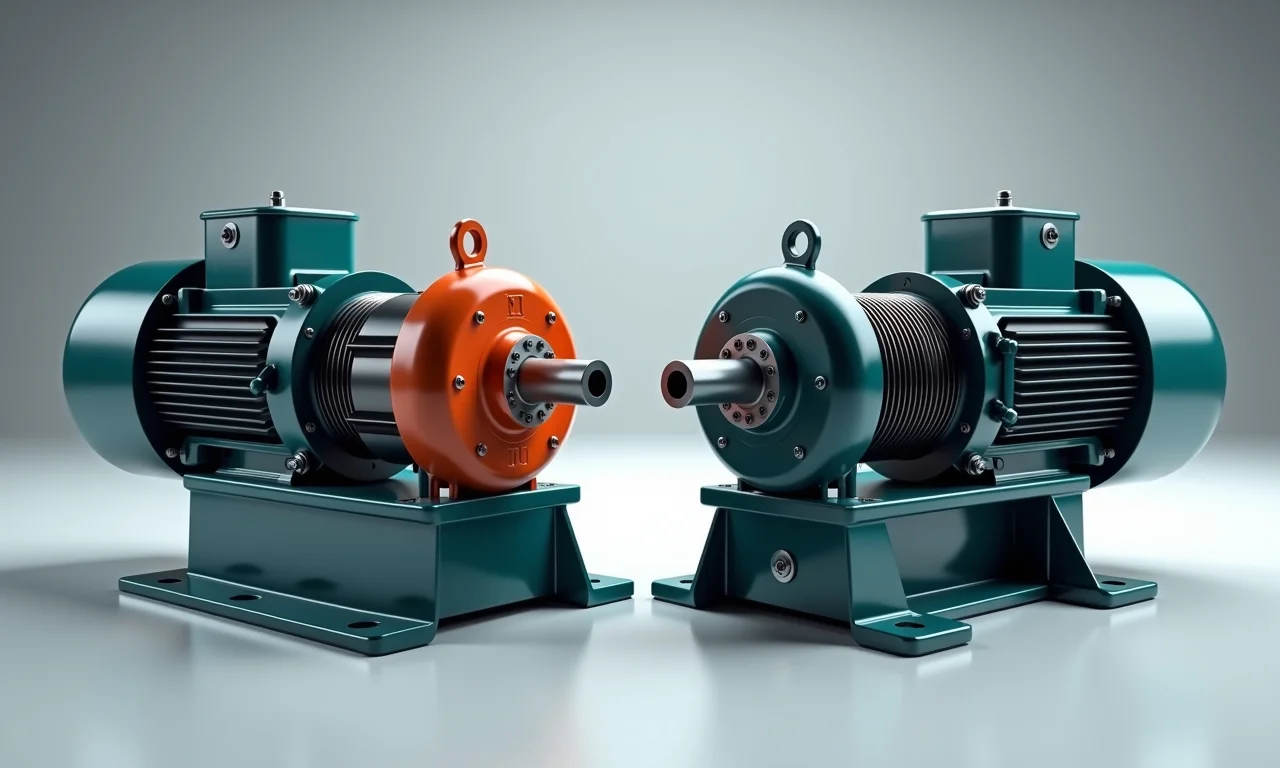 Motores elétricos e hidráulicos de guincho lado a lado.