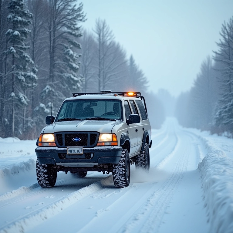 Motorista corrigindo derrapagem de 4x4 na neve.