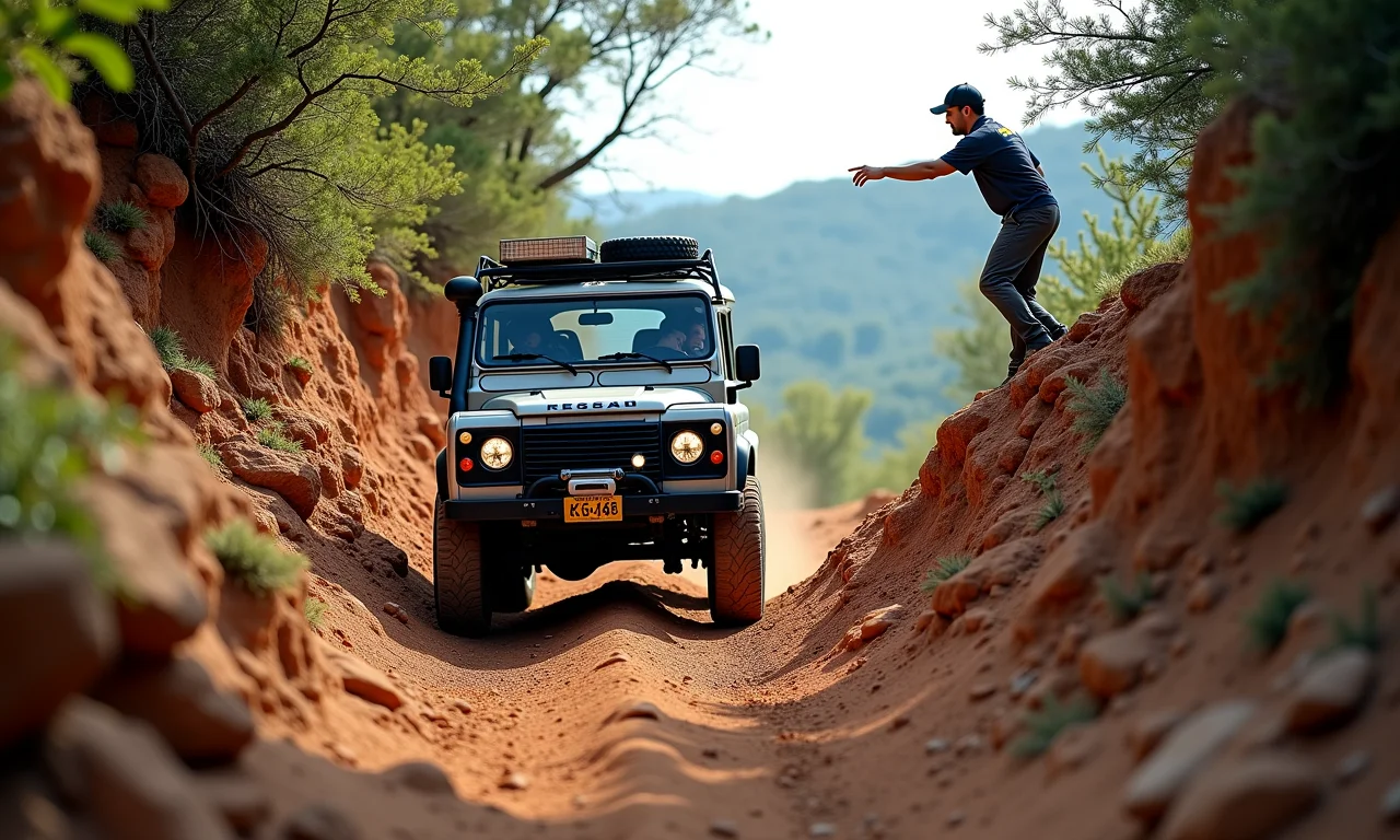 Motorista demonstrando técnicas de condução off-road em trilha rochosa.