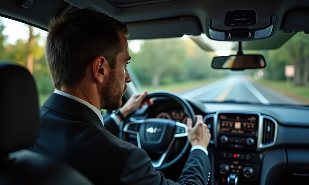 Motorista preocupado escutando ruídos anormais dentro de um carro blindado.