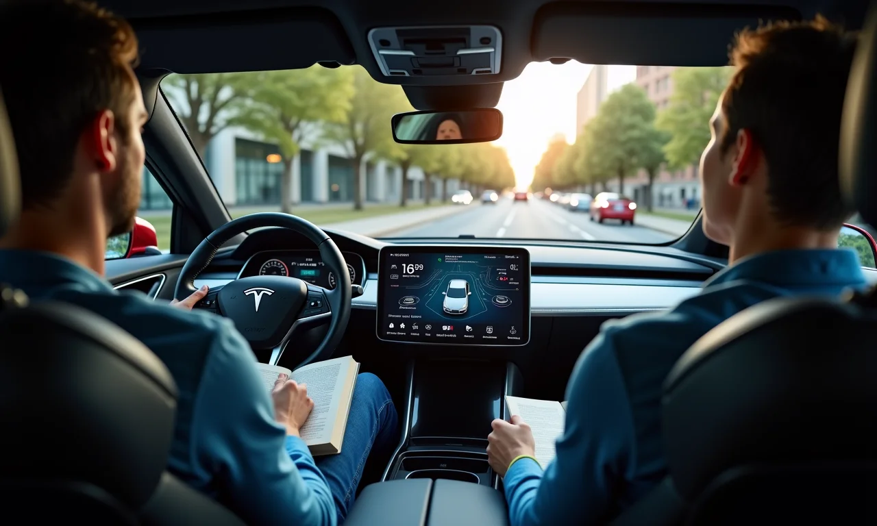 Motorista relaxando em carro autônomo de nível 3 em ambiente urbano.