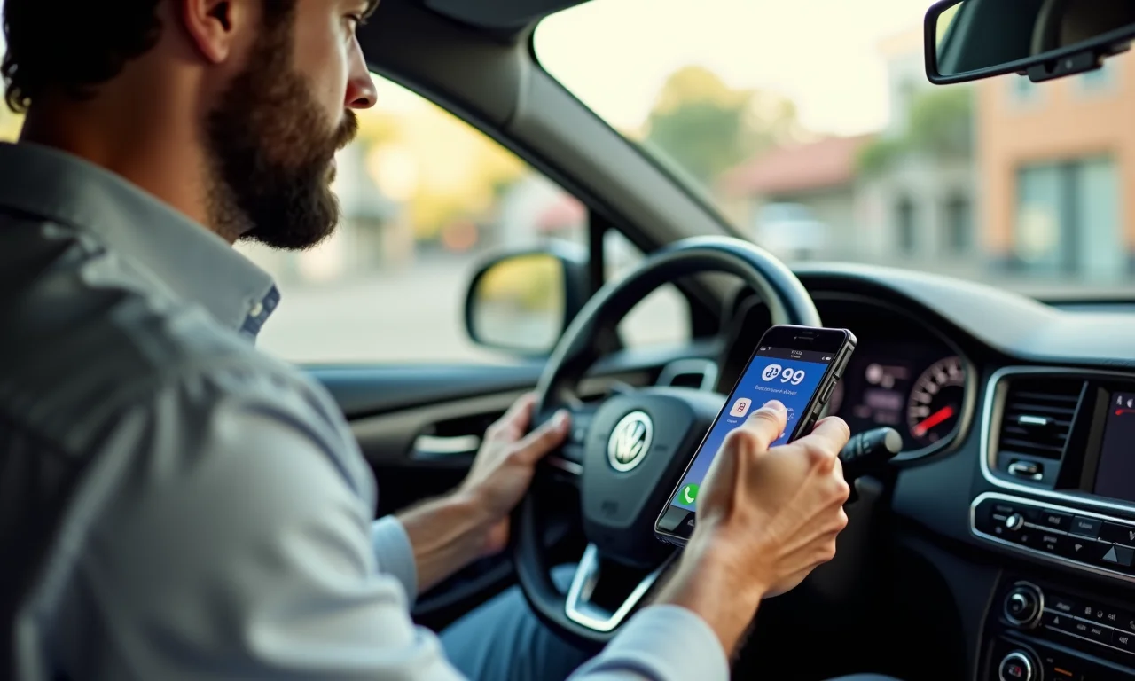 Motorista usando aplicativo 99 Driver em área urbana.