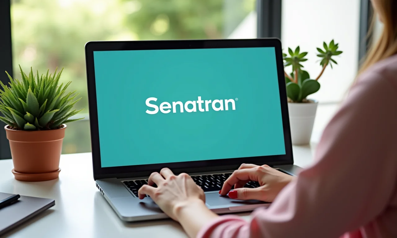 Mulher acessando o CRLV Digital pelo Portal de Serviços do Senatran em um laptop.