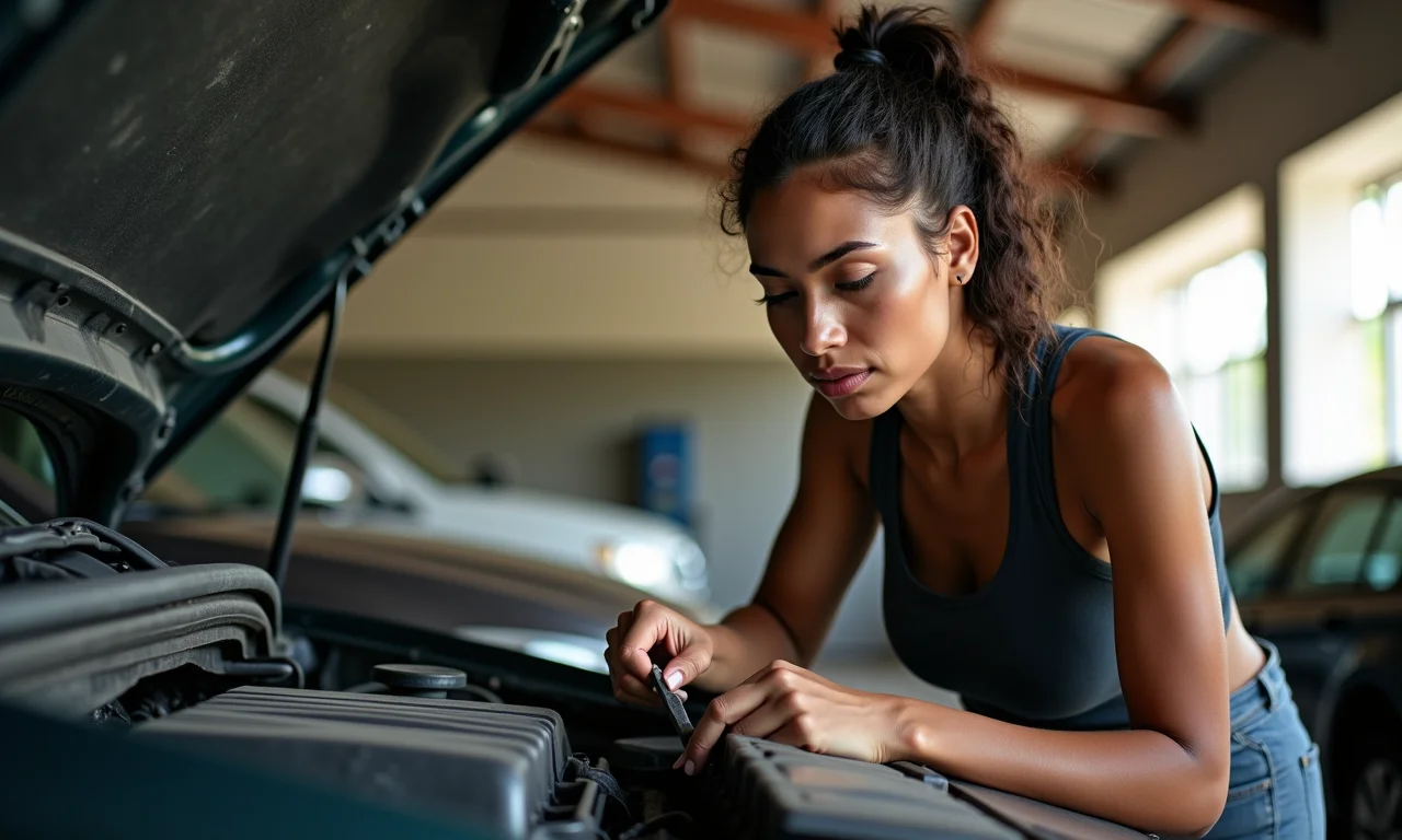 Mulher brasileira inspeciona motor de carro usado financiado em oficina.