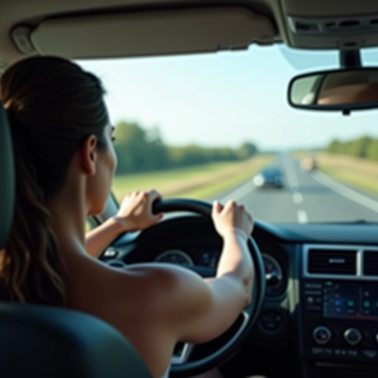 Mulher dirigindo relaxada em uma estrada com o assistente de faixa ativado.