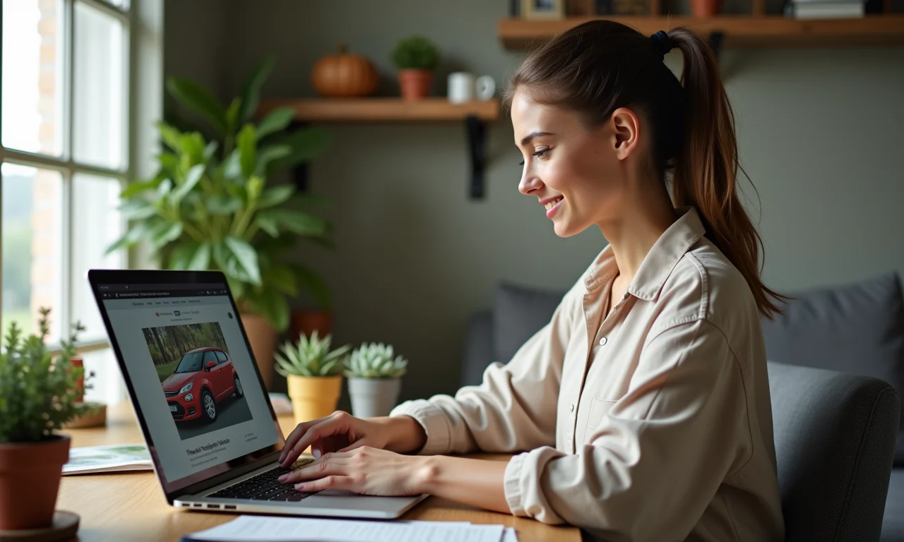 Mulher escolhendo plataformas online para anunciar seu carro.