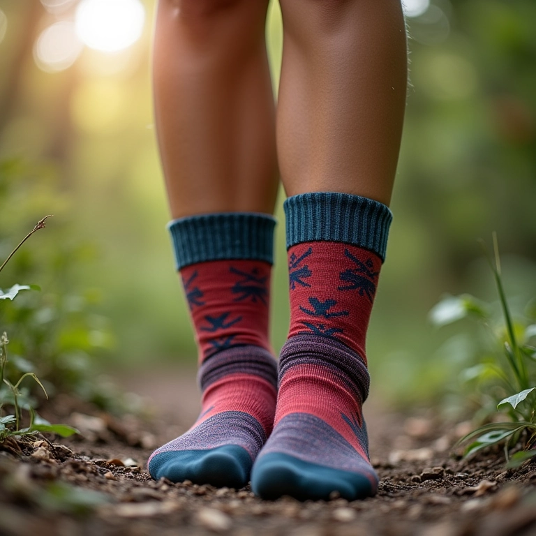 Mulher experimentando meias de trekking projetadas para mulheres.