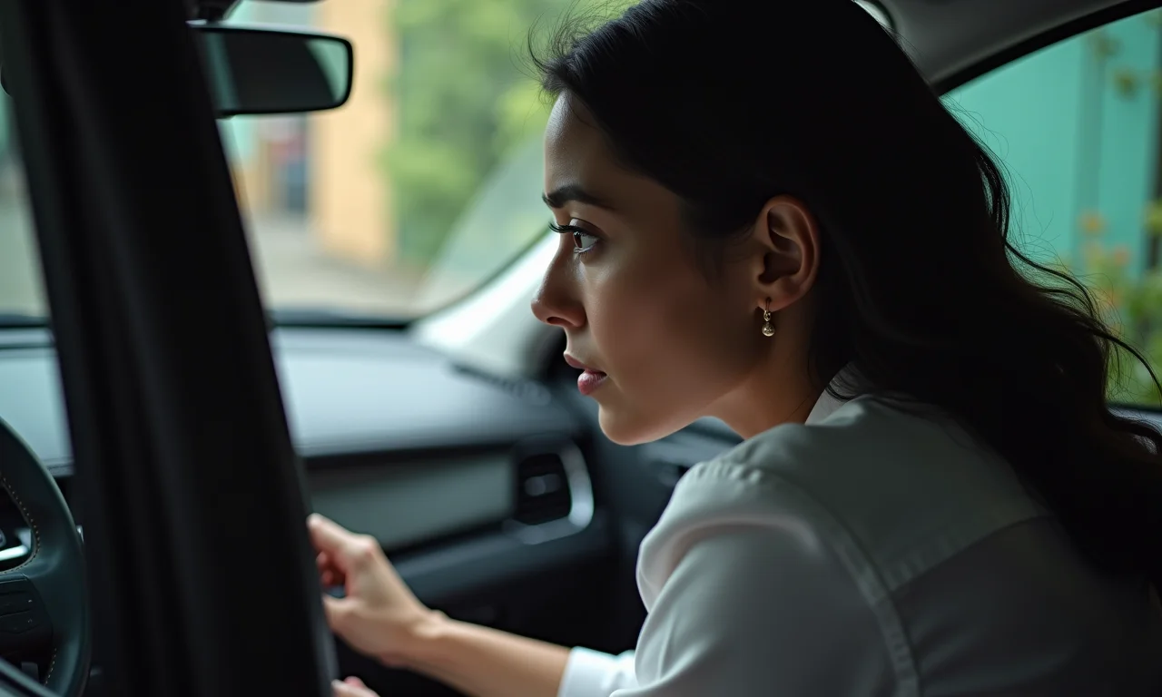 Mulher fechando a porta de um carro blindado com cuidado.