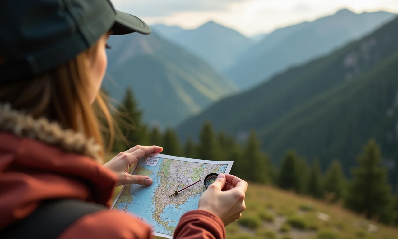 Mulher localizando sua posição no mapa com uma bússola em ambiente montanhoso.
