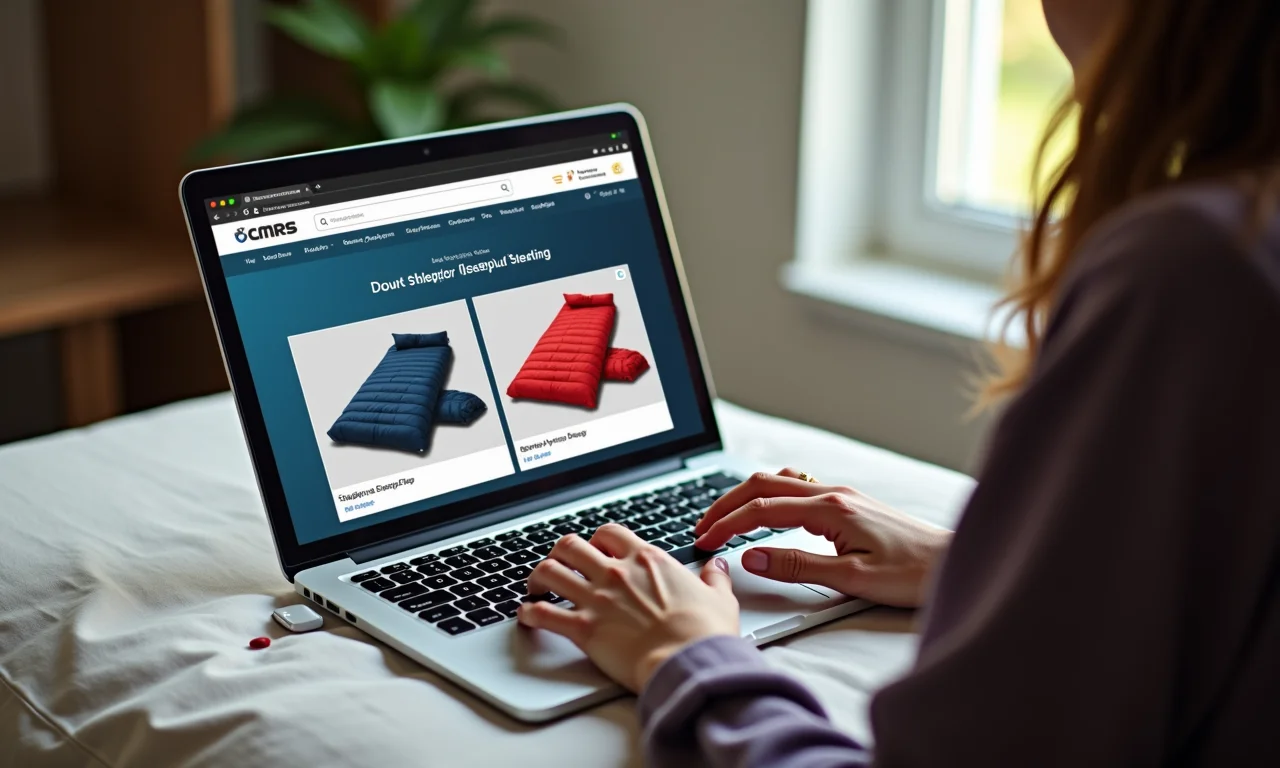 Mulher navegando em site de compra de saco de dormir de casal.
