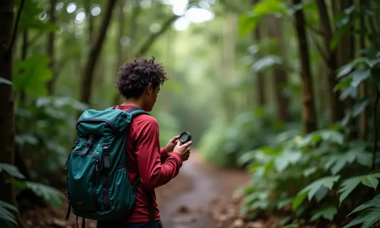 Mulher negra usando bússola em trilha na floresta tropical brasileira.