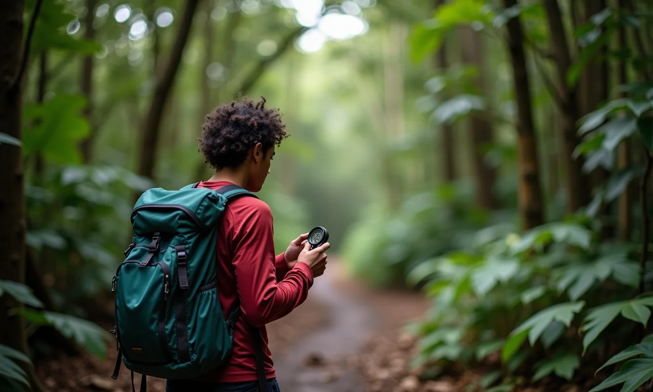 Mulher negra usando bússola em trilha na floresta tropical brasileira.
