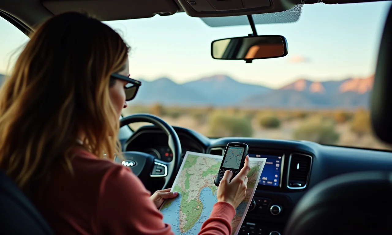 Mulher planejando rota em mapa e GPS em veículo 4x4 nos Andes.