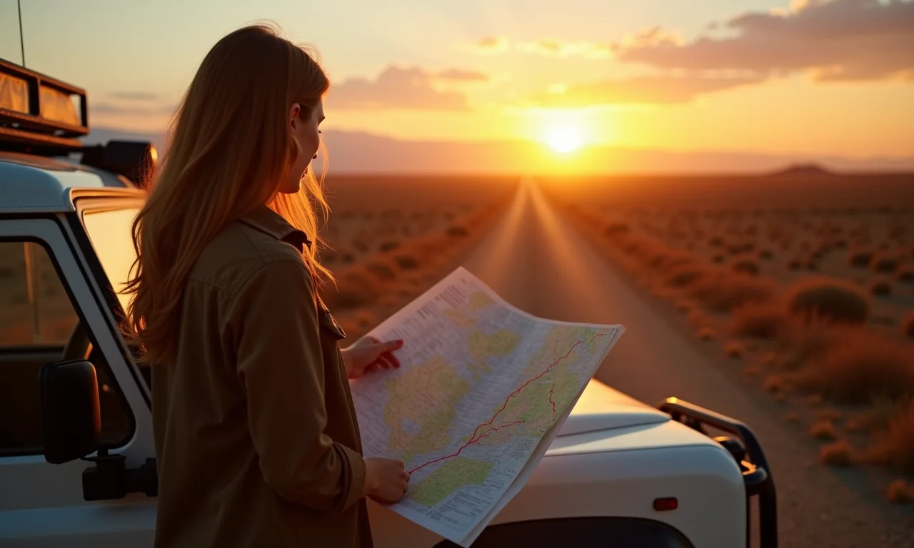 Mulher planejando roteiro na Ruta 40, com mapa aberto sobre o capô do carro ao pôr do sol.