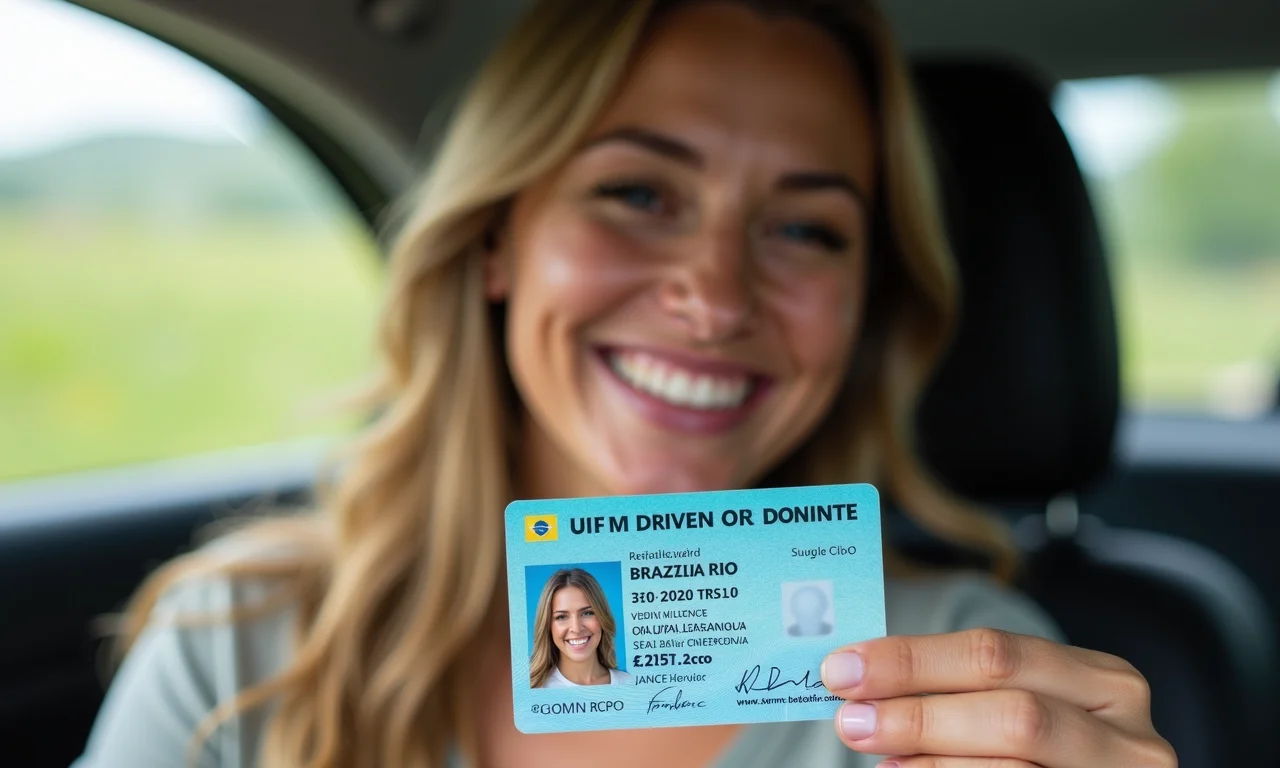 Mulher sorrindo com sua nova CNH válida por 10 anos no Brasil.