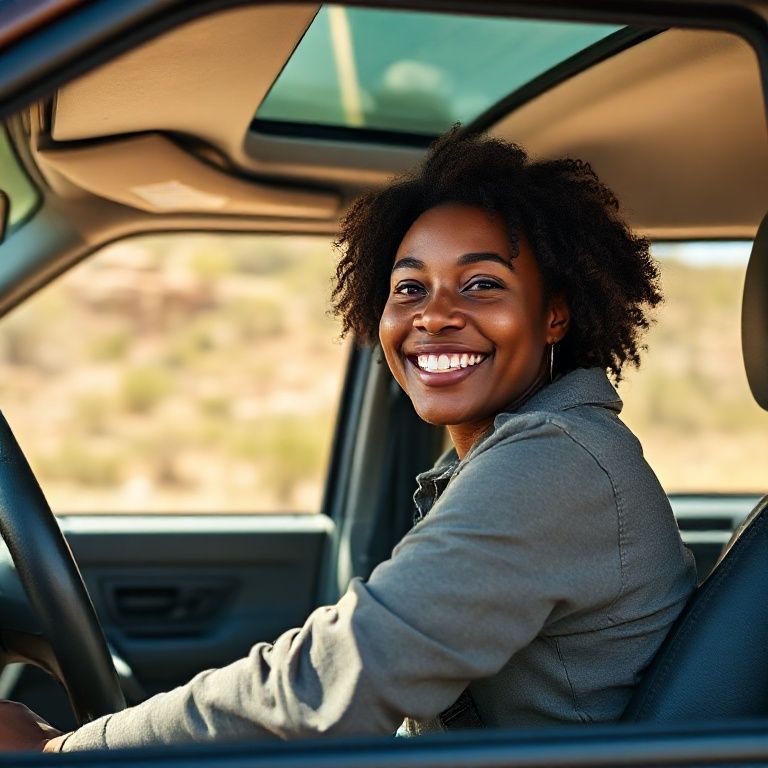 Mulher sorrindo dirigindo picape 4x4, ideal para iniciantes.