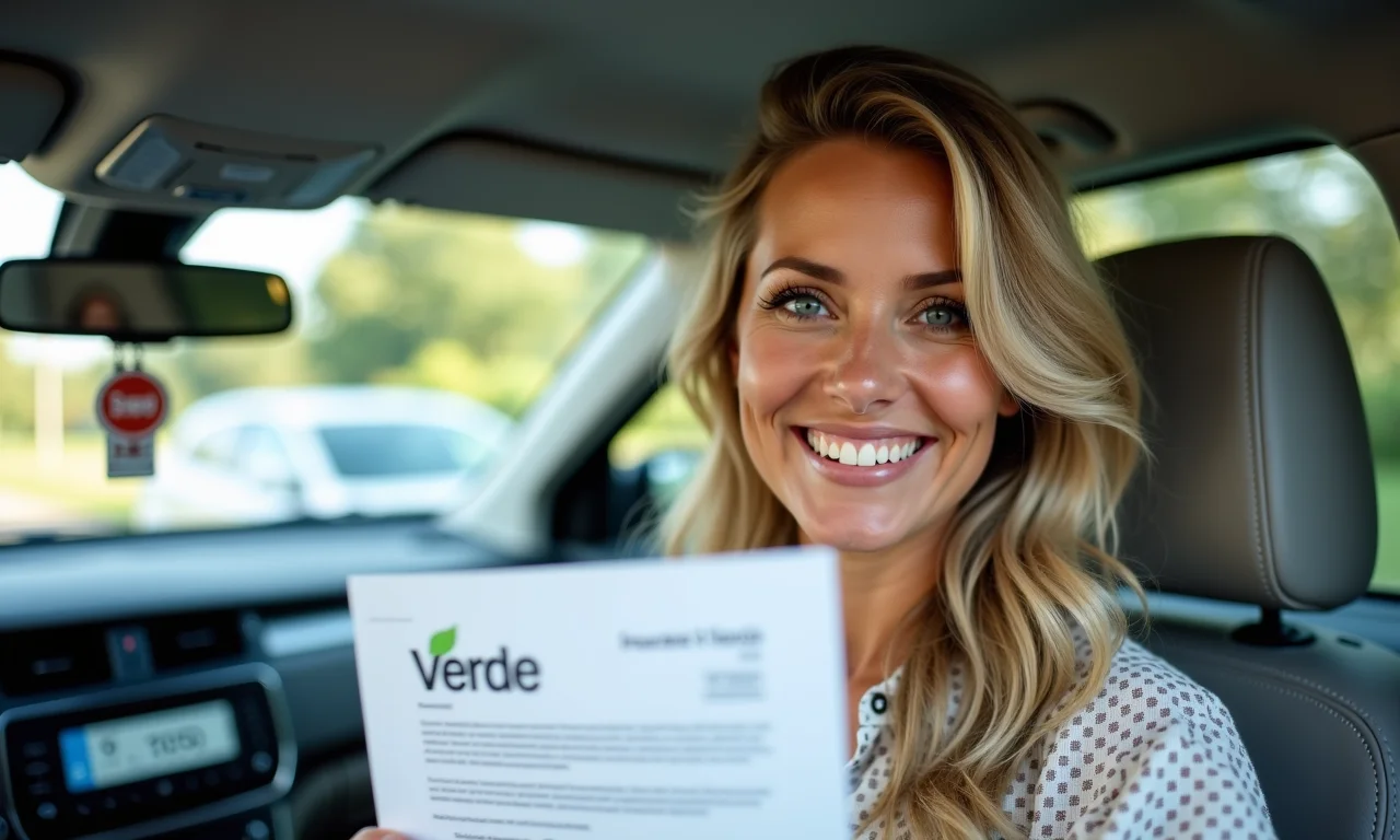 Mulher sorrindo e segurando a Carta Verde, apólice de seguro para viajar de carro no Mercosul.