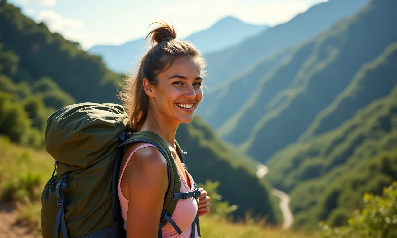 Mulher sorrindo em trilha com mochila cargueira de 50 litros.