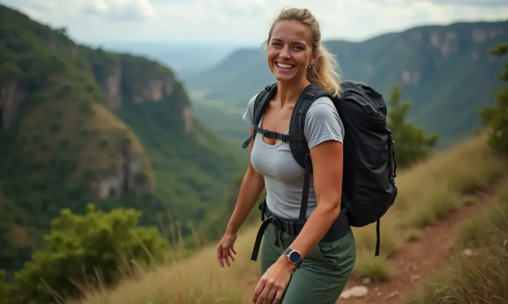 Mulher sorrindo em trilha na Chapada Diamantina usando calça de trekking que vira bermuda.