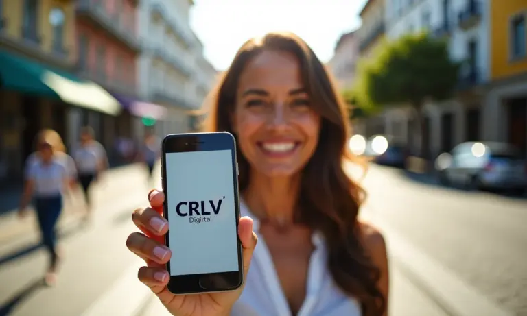 Mulher sorrindo exibe CRLV Digital no celular em ambiente urbano ensolarado.