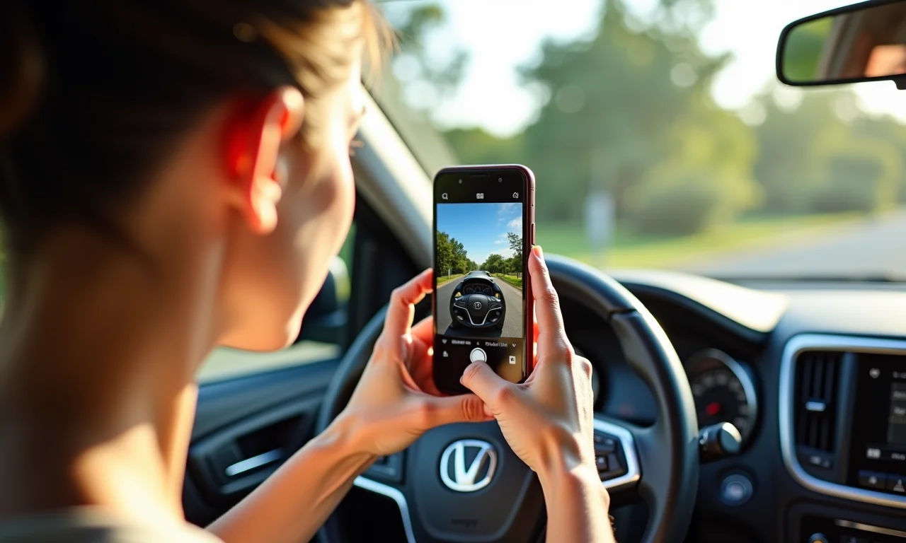Mulher tirando fotos profissionais do seu carro para anúncio online.