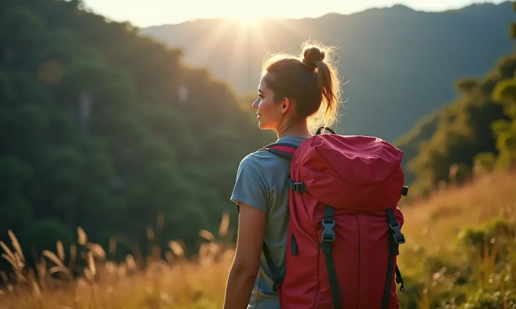 Mulher trilhando com mochila cargueira de 45 litros na Chapada Diamantina.