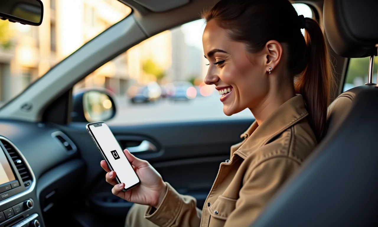 Mulher usando aplicativo Uber Driver para renda extra.