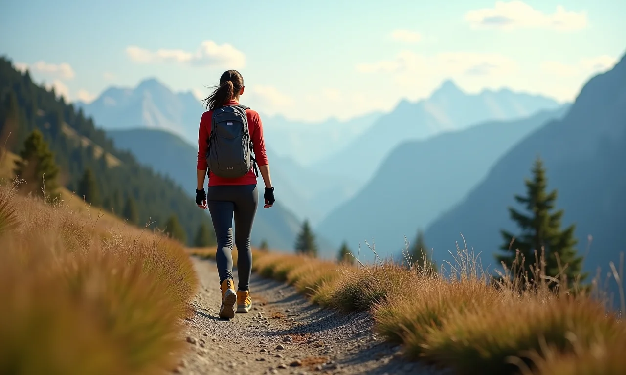 Mulher usando North Face Vectiv Exploris em trilha de longa distância.