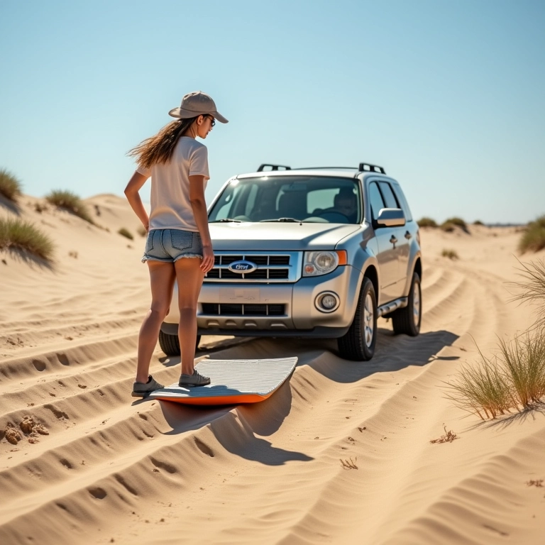 Mulher usando prancha de desatolamento na areia.
